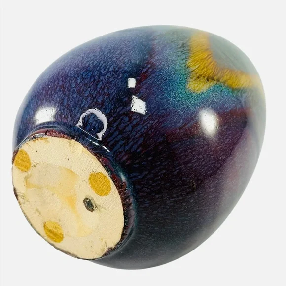 Clay Iridescent Bottle Neck Top Bud Table Vase Cobalt Blue Gold Purple Green - Picture 4 of 8